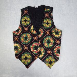 111 Main Vintage holiday wreath vest black fruit ribbons Size 1X Grannycore